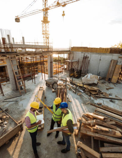 Construction industry concept - architects and engineers discussing work progress between concrete walls, scaffolds and cranes.